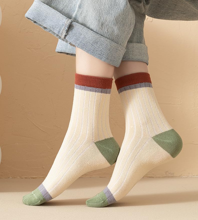 5-Pack Colorblock Print Women's Crew Socks Cute Printed Designs Toe-Seamed & Soft One-Size Fits Most - Image 5