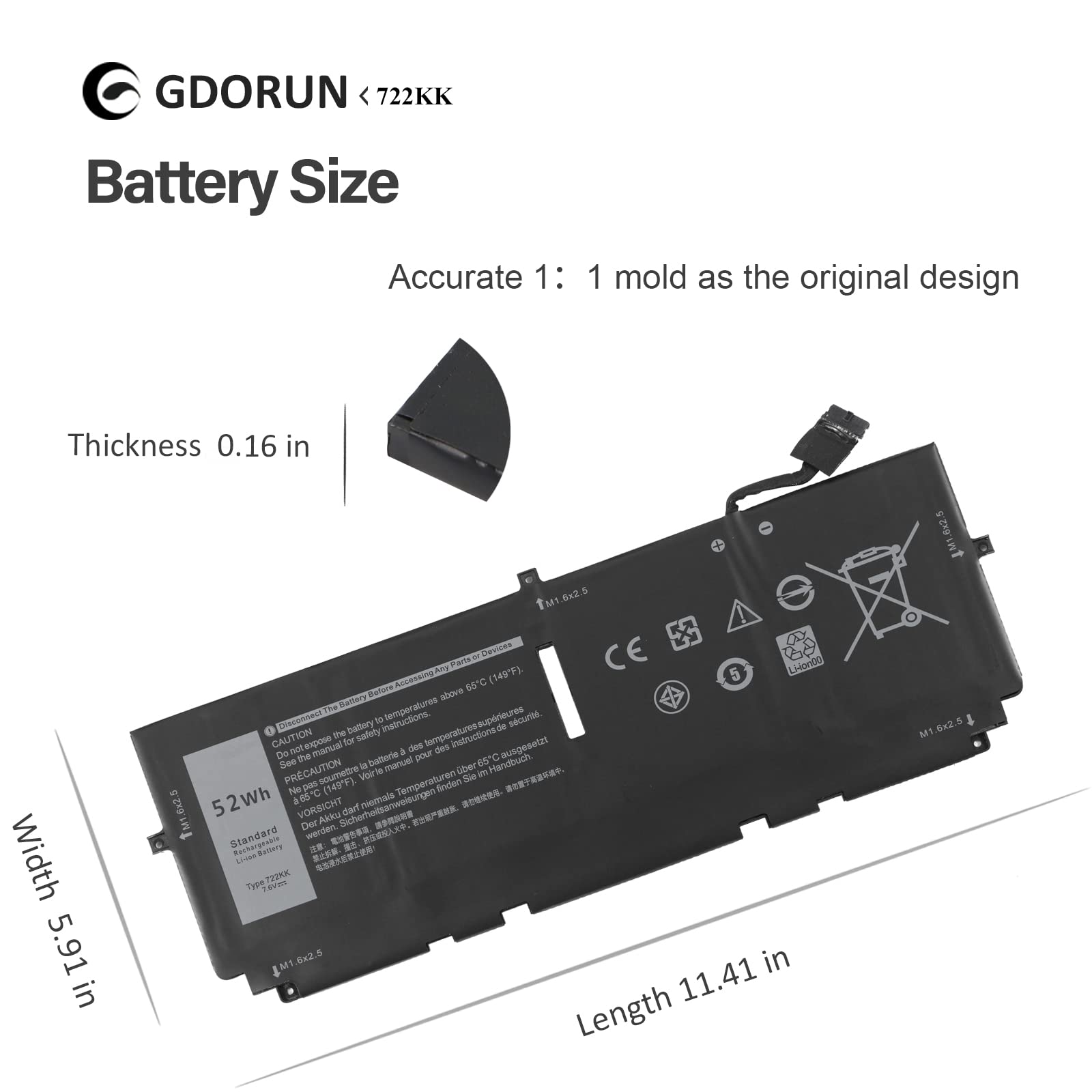 GDORUN 52Wh 722KK Laptop Batteria per Dell XPS 13 9300 9310 9380(2020 Edition) P117G P117G002 P117G001 0WN0N0 WN0N0 02XXFW 2XXFW FP86V 2ICP4/60/80-2 7.6V 6800mAh 4-Cell Notebook Battery Replacement