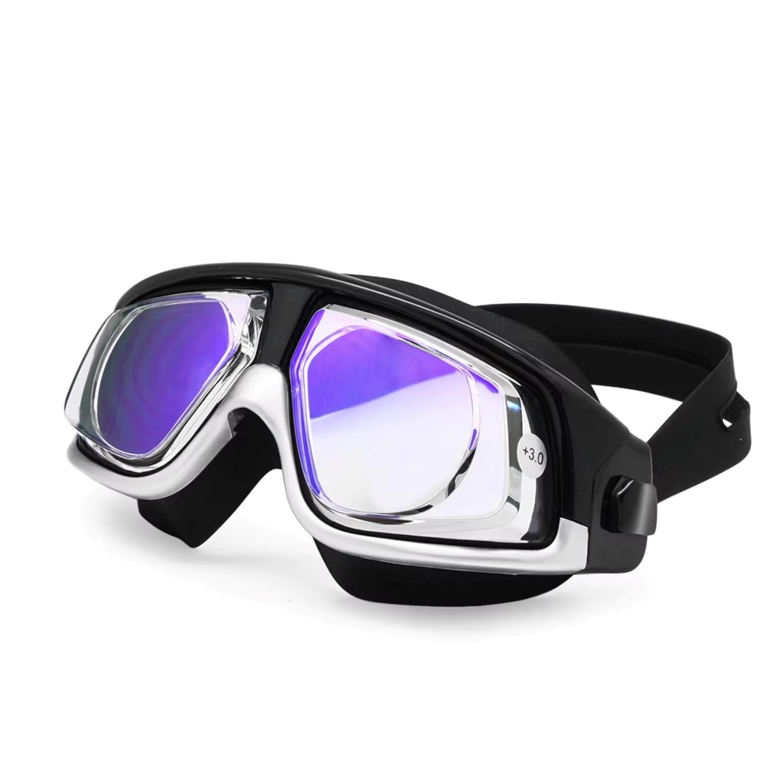 Krafty Eye Patches Farsighted +2.0 to +6.0 Optical Swim Goggles, Anti-Fog, UV Protected Big mask swimming goggles (Black Silver, +3.0 Plus)