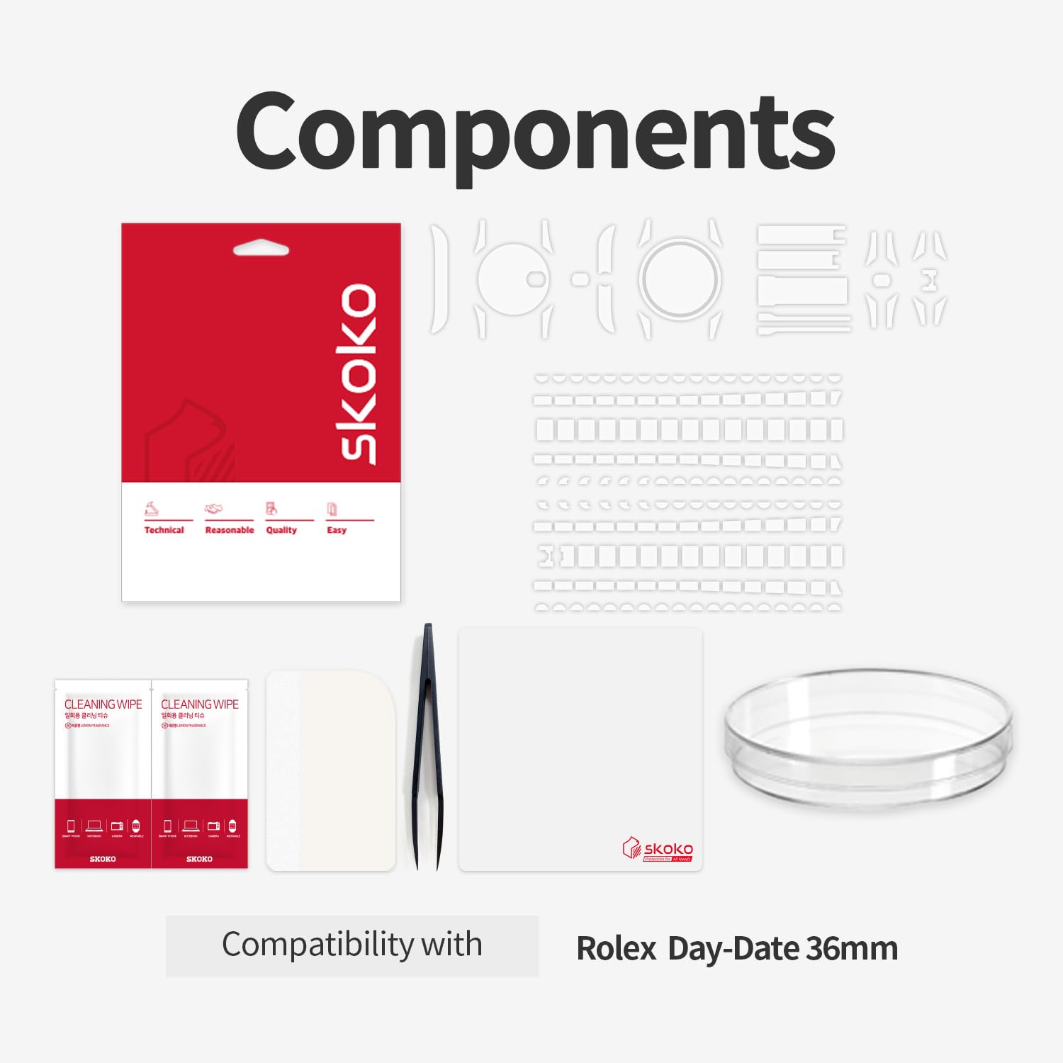 skoko [1 set completo] Pellicola protettiva per carrozzeria compatibile con Rolex Day-Date 36 mm Ref. 128235 128236 128238 128239 128345 128348 128349 128395 128396 128398 128398 1288 399, Lucido