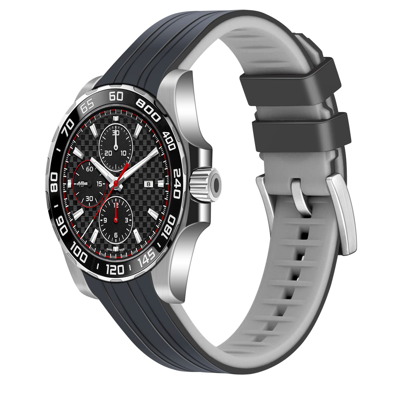 YISIWERA Stylish 22mm Two Tone Black Top-Gray Bottom Rubber Silicone Watch Band Universal Curved Ends Watch Strap Solid Stainless Steel Buckle for Men Women