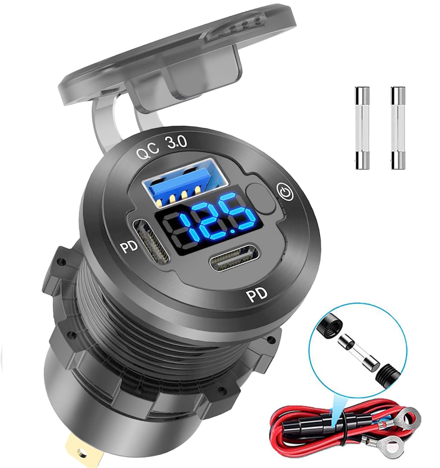 78W Triple-Port 12V USB Outlet with Voltmeter & Switch - Dual PD3.0 & QC3.0 Quick Charge Car Charger Socket, Aluminum Alloy Waterproof USB C Port for Car Boat Marine Motorcycle RV Truck ATV Golf Cart