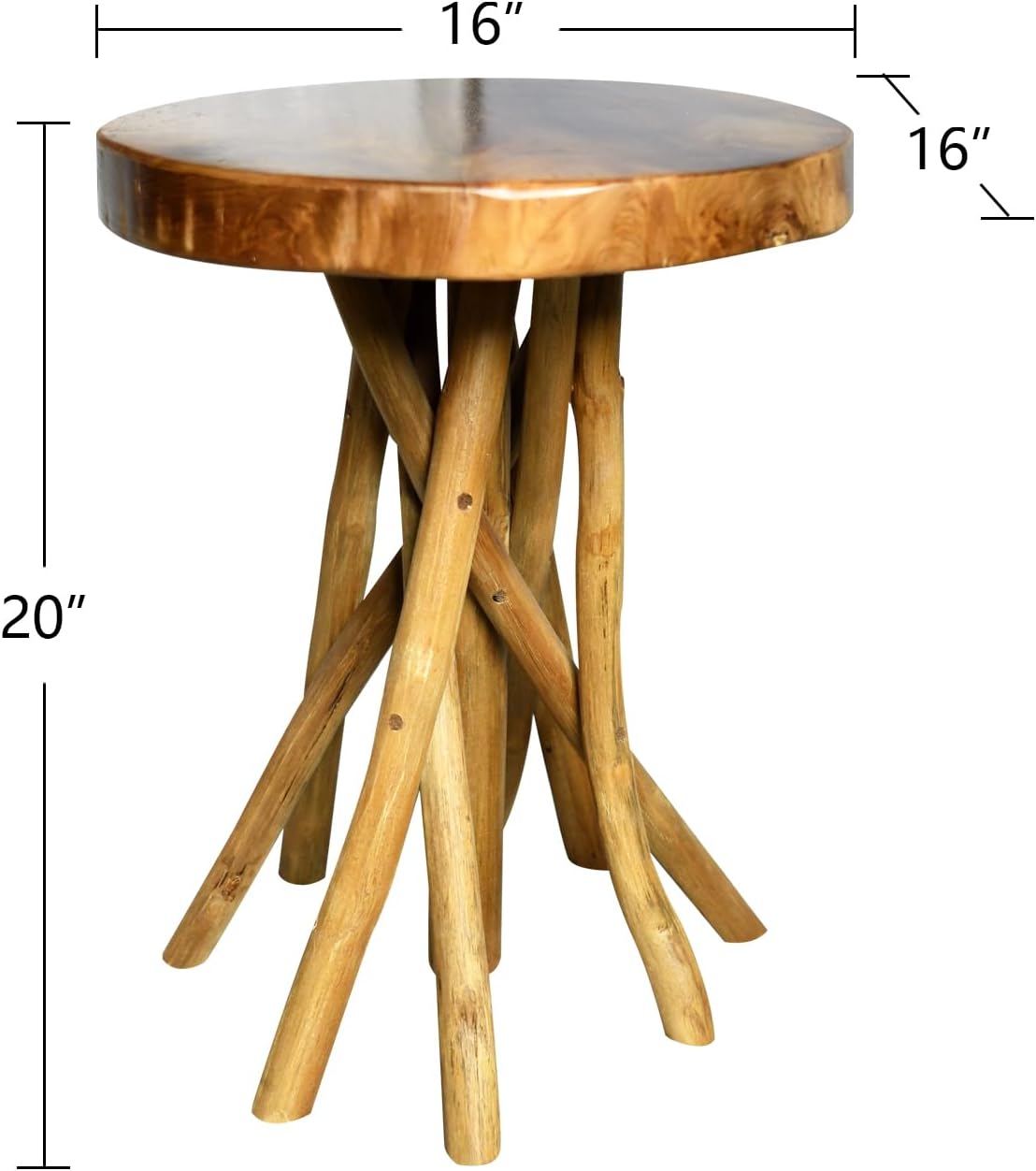 WELLAND Teak Wood Stick Leg End Table, 16" L x 16" W x 20" H Rustic Side Table, Small Accent Table, Plant Stand for Living Room, Bedroom, Home Office