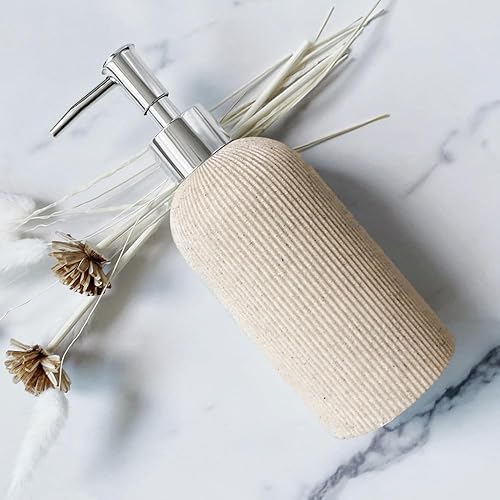 Lunestella Elegante dispensador de jabón de manos bohemio beige con bomba plateada, para baño y cocina, a prueba de óxido, 7 onzas