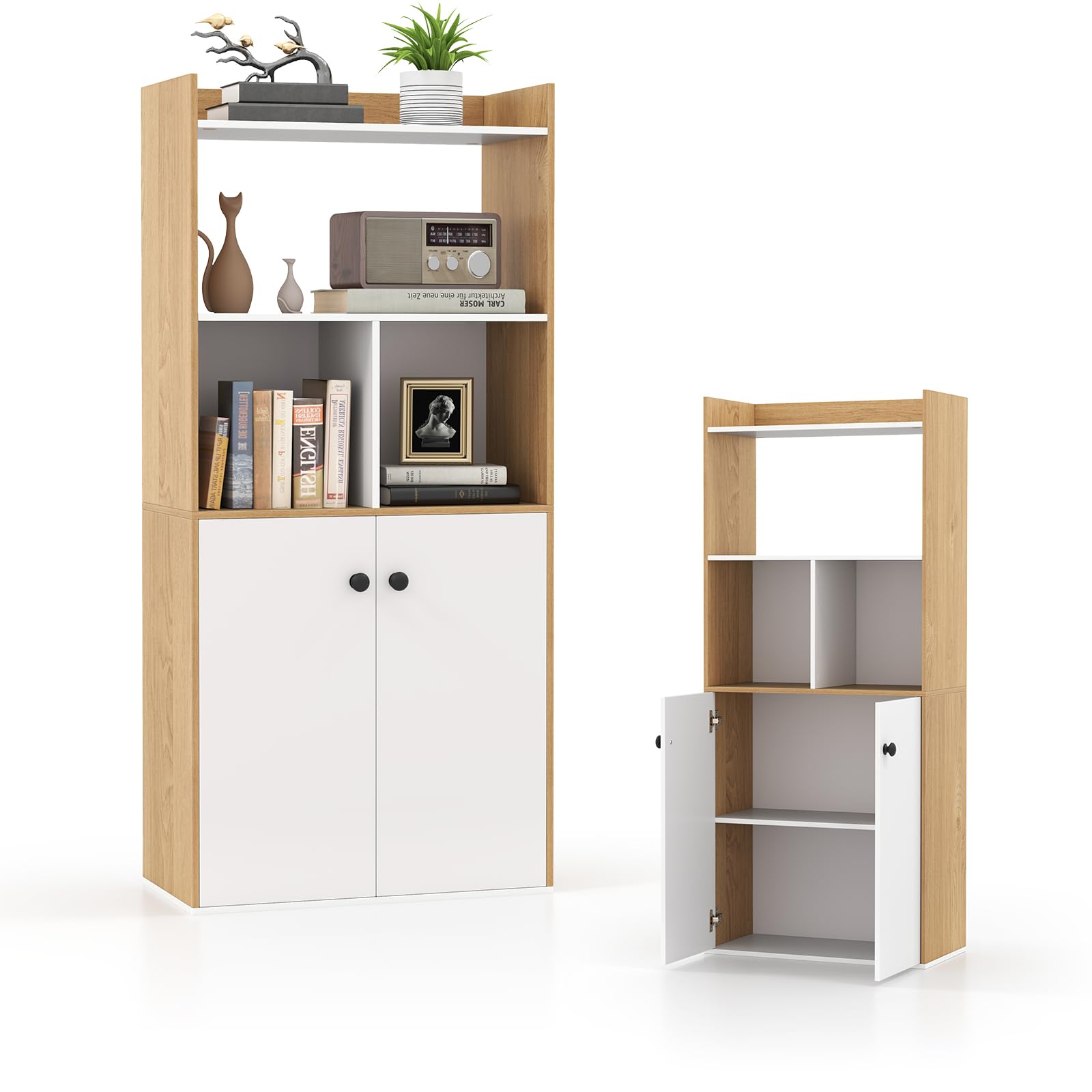 KOMFOTTEU Estantería de Madera de 3 Niveles, Librería Alta con 4 Estantes Abiertos y Armario con 2 Puertas, Mueble de Almacenamiento para Salón, Dormitorio, Estudio, 60 x 30 x 133 cm