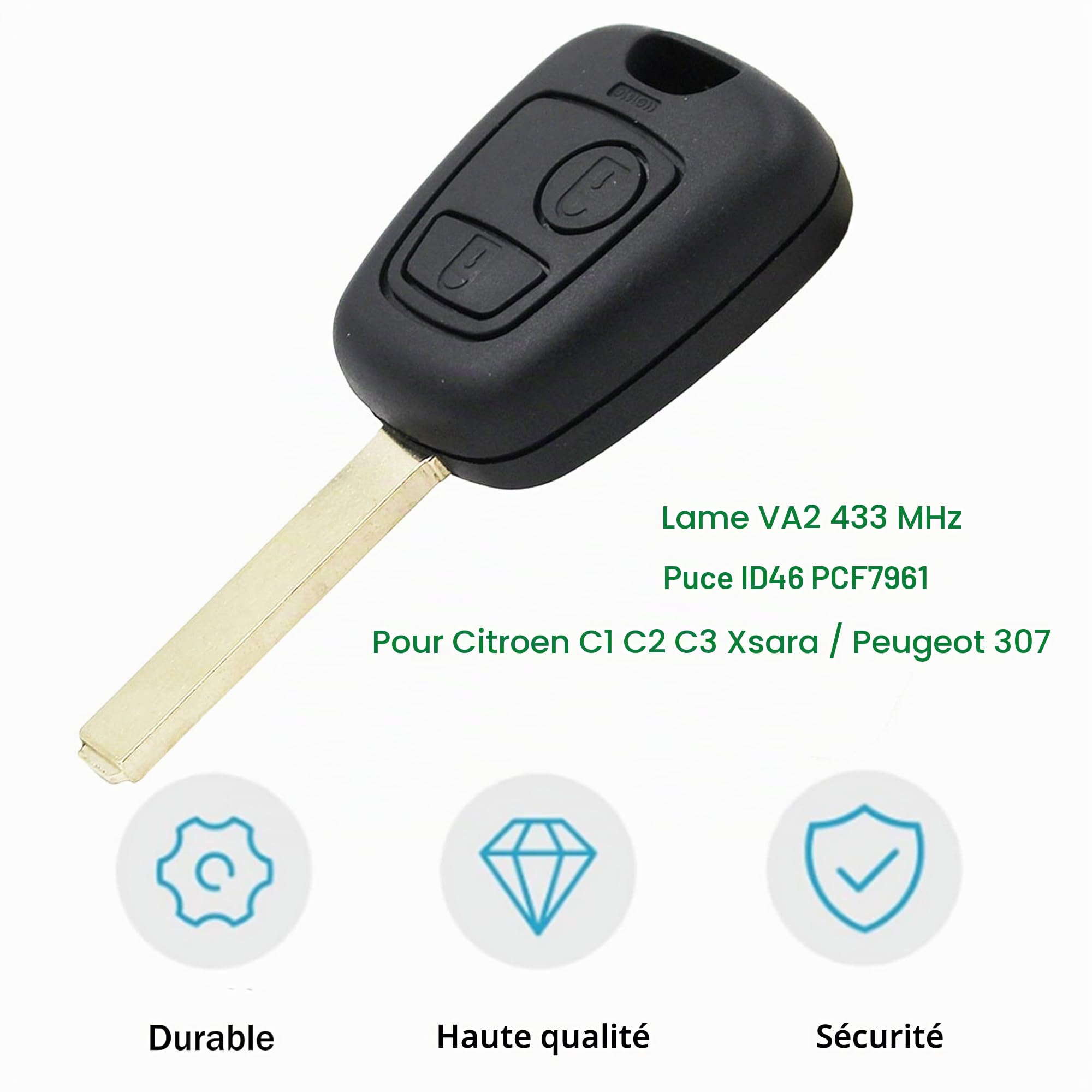 Heart Horse 433MHz Clé de Voiture télécommande, 2 Boutons Coque de clé télécommande pour Citr0en C1 C2 C3 Xsara telecommande Coque de clé Peuge0t 307 (ID46 PCF7961 Chip VA2 Blade)