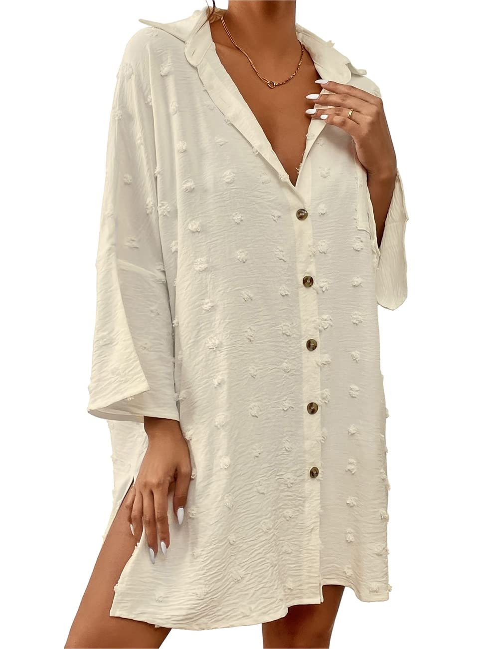 BsubseachWomen Swimsuit Coverup Button Down Shirt Dresses Swiss Dot Tops