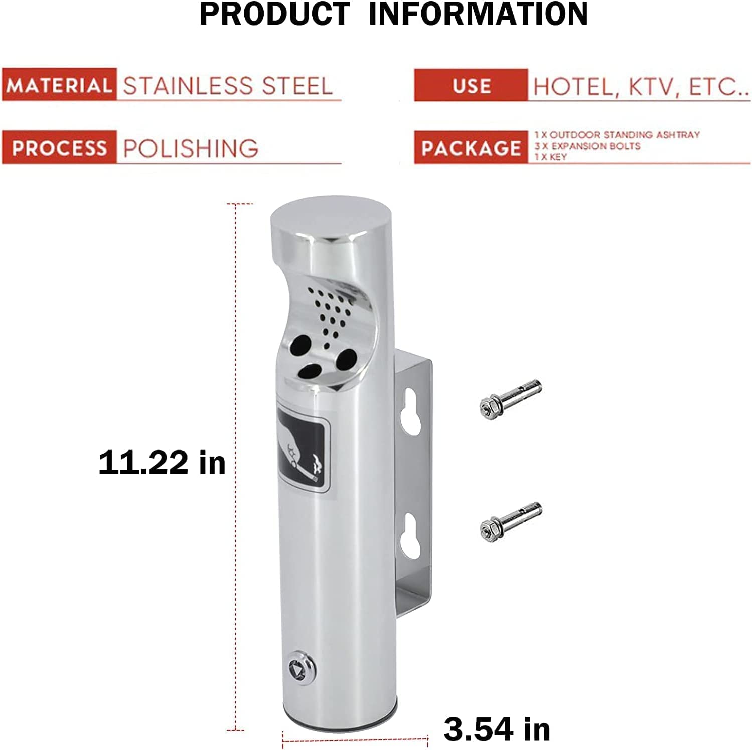 Cenicero de Pared Exterior Redondo de Acero Inoxidable para Restaurantes, Oficinas y Hoteles con Cerradura por Poweka (Plata, 2PCS)