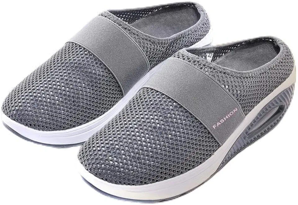 Tênis de caminhada feminino masculino, sem cadarço, bico largo, suporte de arco, ortopédico, acolchoado, sola grossa, zero queda, cinza escuro