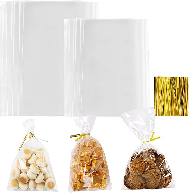 TSHAOUN 100 Pcs 6 x 9 cm and 100 Pcs 10 x 15 cm Clear OPP Bags with Twist Ties, Clear Cellophane Treat Bags, Sweet Party Gift Bags, Cookie Bags Candy Bags OPP Treat Bags for Birthday, Wedding, Party