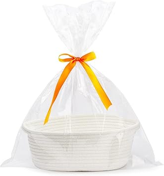 Gift Basket Empty, Woven Cotton Rope Basket with Gift Bags and Ribbons, Hamper Bas-kets for Gi-fts With Handles, Dog Cat Toy Storage Bask-et for Baby Shower, Wedding, Birthday, Christmas White