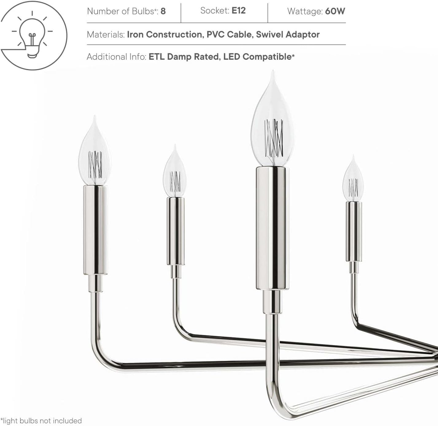 Modway Rekindle 8-Light Chandelier in Polished Nickel, Silver, 25 x 47.5 x 77.5