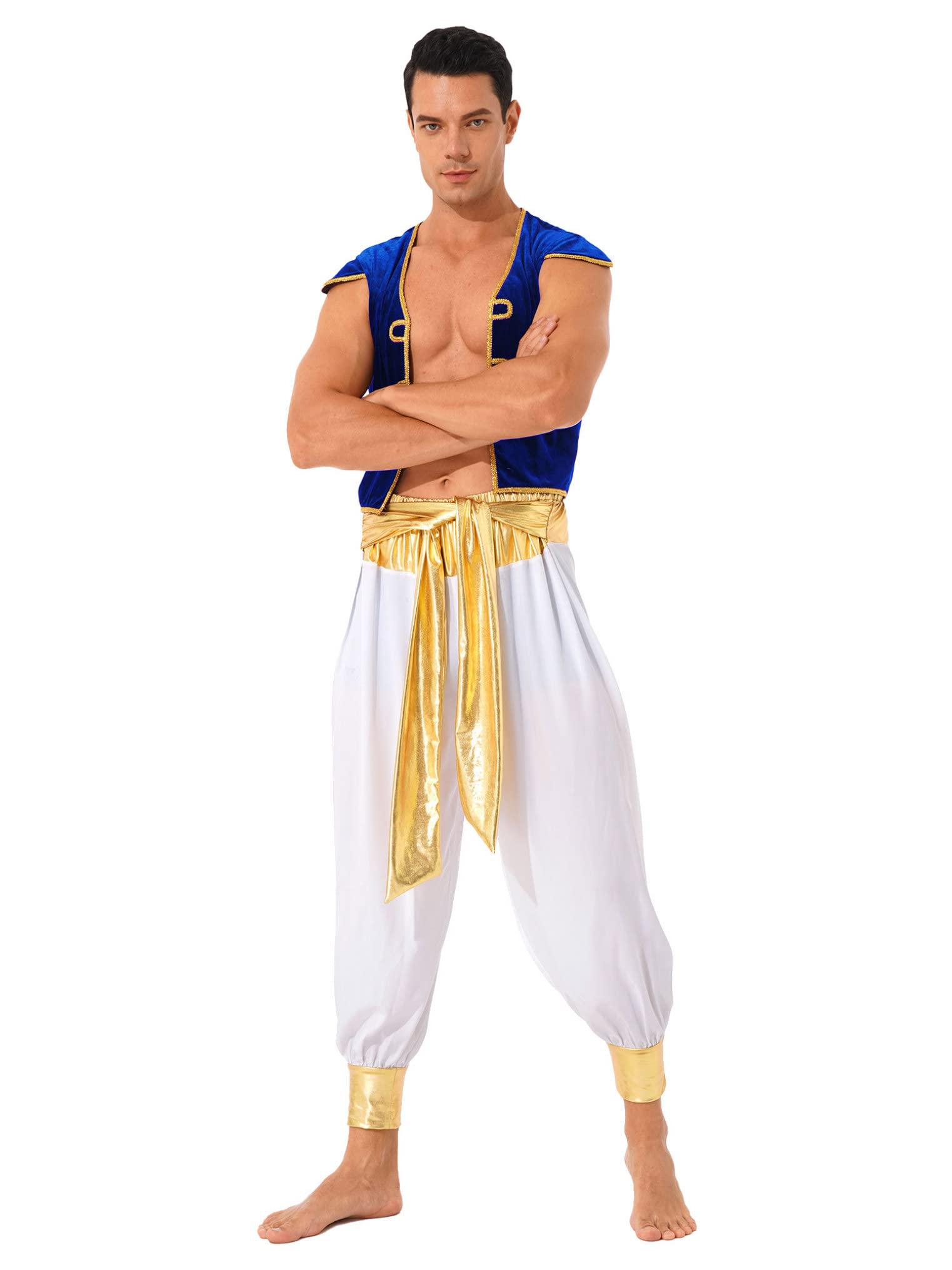 Freebily Costume Principe d' Arabia Uomo 3 Pezzi Gilet in Velluto + Cintura + Pantaloni Bloomers Costume di Halloween Gioco di Ruolo Cosplay Aladino Costume Carnevale