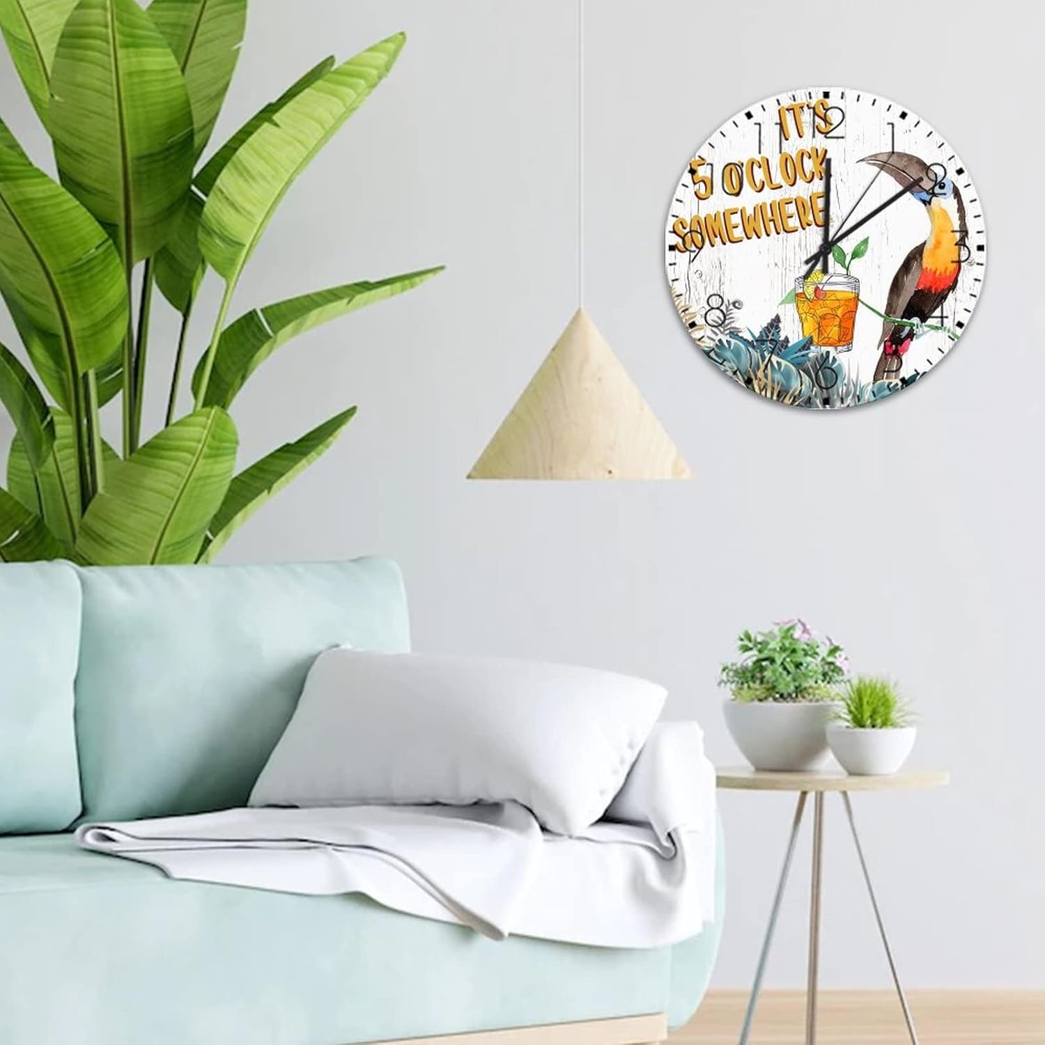 12" Silent Non-Ticking Wall Clocks Battery It's Five O'clock Somewhere Home Decor for Bathroom Parrot Colorful Bird Sea Farmhouse Round Wooden Wall Clock Rustic for Children's Room Family Room