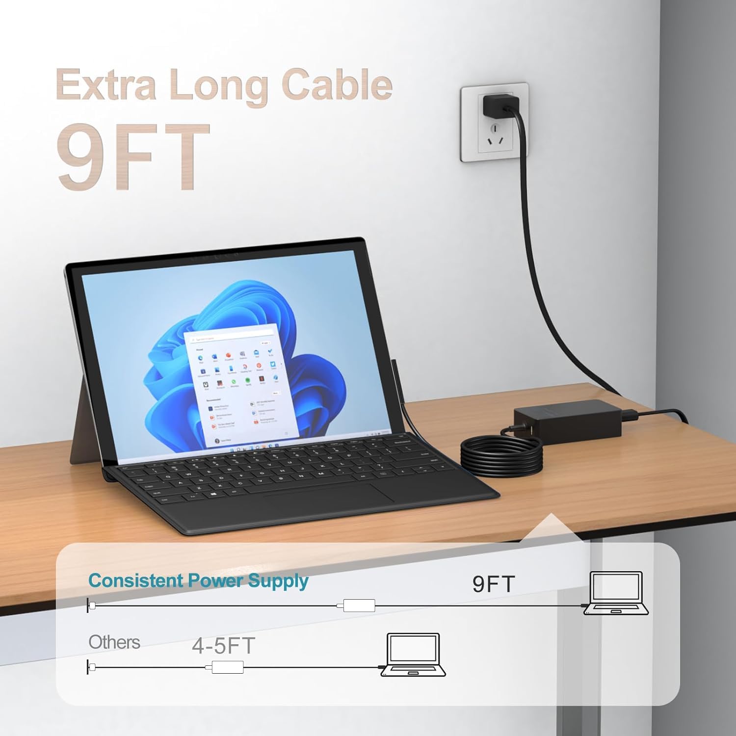 65 W Surface Laptop-Ladegerät für Microsoft Surface Pro 11/10/9/8/7/7+/6/5/4/3/X, Surface Laptop 7/6/5/4/3/2, Surface Go 4/3/2, Surface Book 3/2/1, Surface Pro Ladegerät, 2,7 m