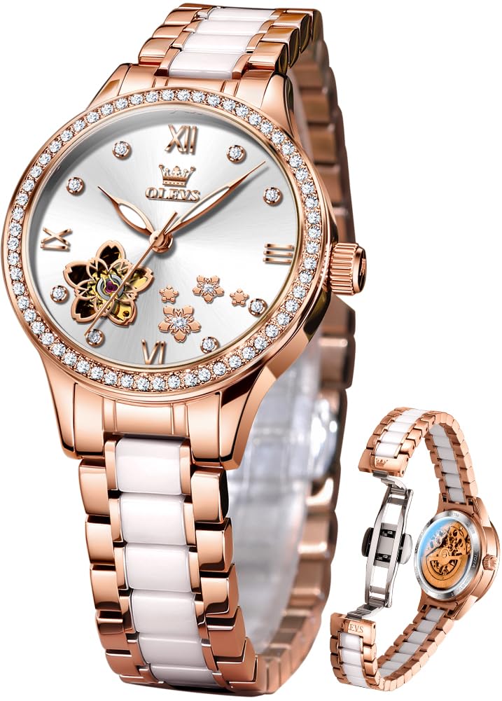 OLEVS Orologio automatico da donna in acciaio inossidabile con diamante a carica automatica, orologio luminoso e impermeabile