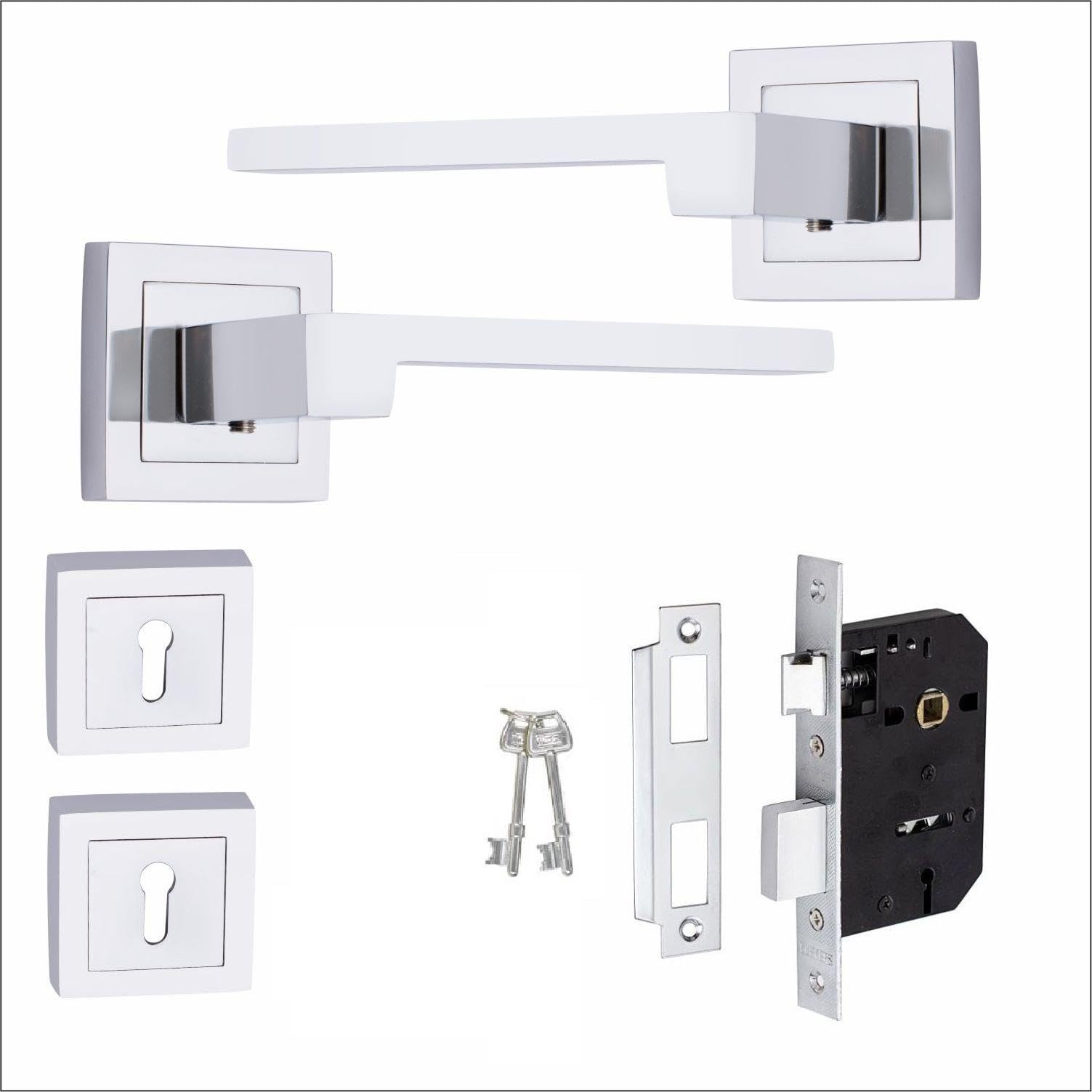 Golden Grace Zeta Premium Design Key Lock Door Handles Set on Square Rose in Polished Chrome Finish with 2.5" 3 Lever Lock & Keyhole Escutcheon