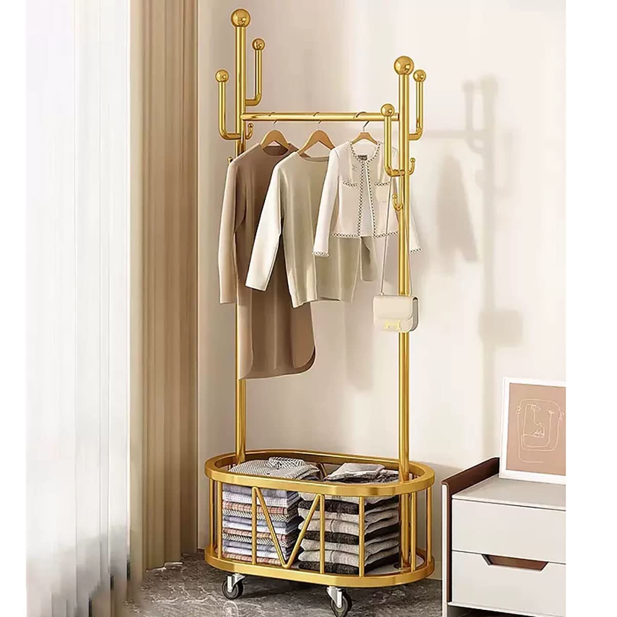 YNBSHGAA Free Standing Garment Rail with Wheels and Storabasket Gold 60cm Clothes Rack for Bedroom and Living Room,Gold-80Cm