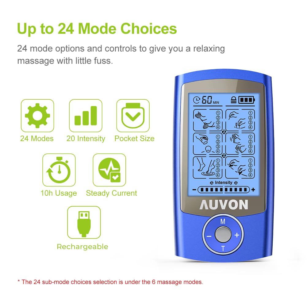 AUVON 24 Modes TENS Unit Muscle Stimulator for Pain Relief, Premium Pads — Amazon image 3