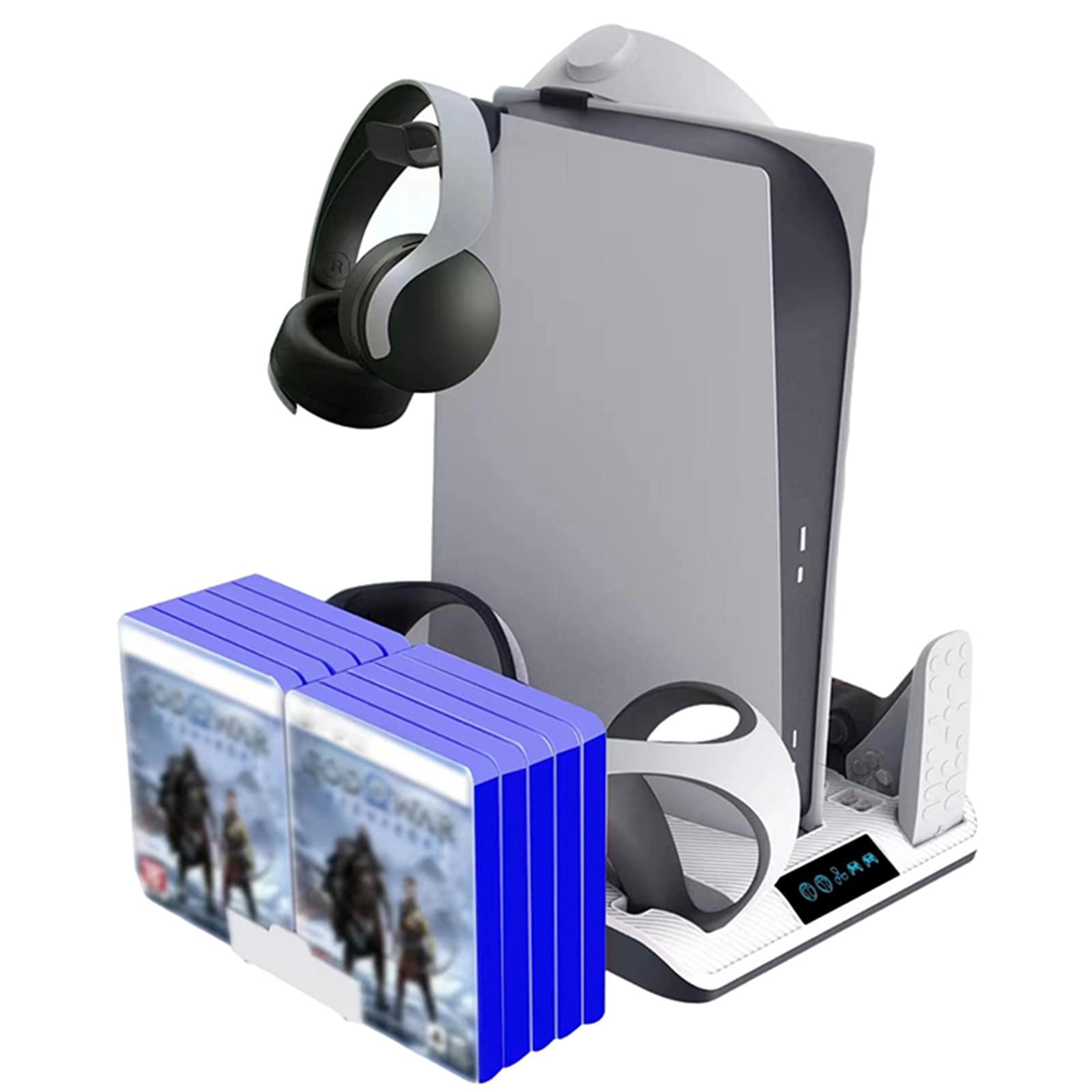 Estación de Carga para Controlador PSVR2/PS5, Soporte con Ventilador de refrigeración para Consola PS5 UHD/DE, Base de Cargador de 4 Controladores y Almacenamiento de 10 Juegos