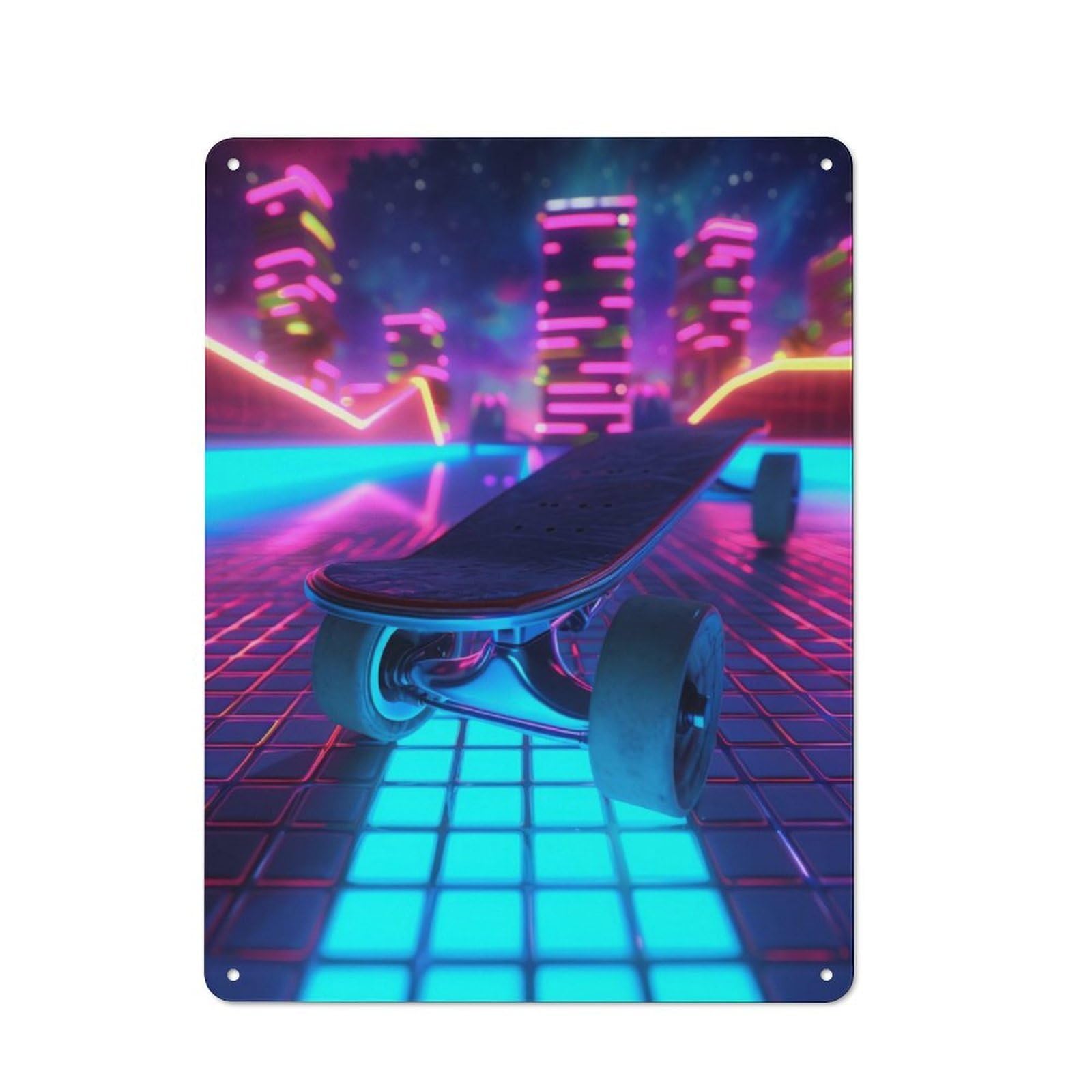 Sport Neon Skateboard Metal Tin Sign, Small Wall Accent for Small Toilet, Washroom And Hallway, 40x30cm