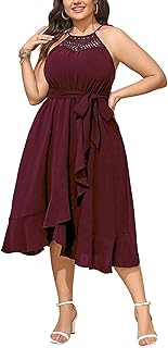 Womens Plus Size Summer Dresses Sleeveless Halter Neck A Line High Low Split Ruffle Long Dress with Belt - Buy now