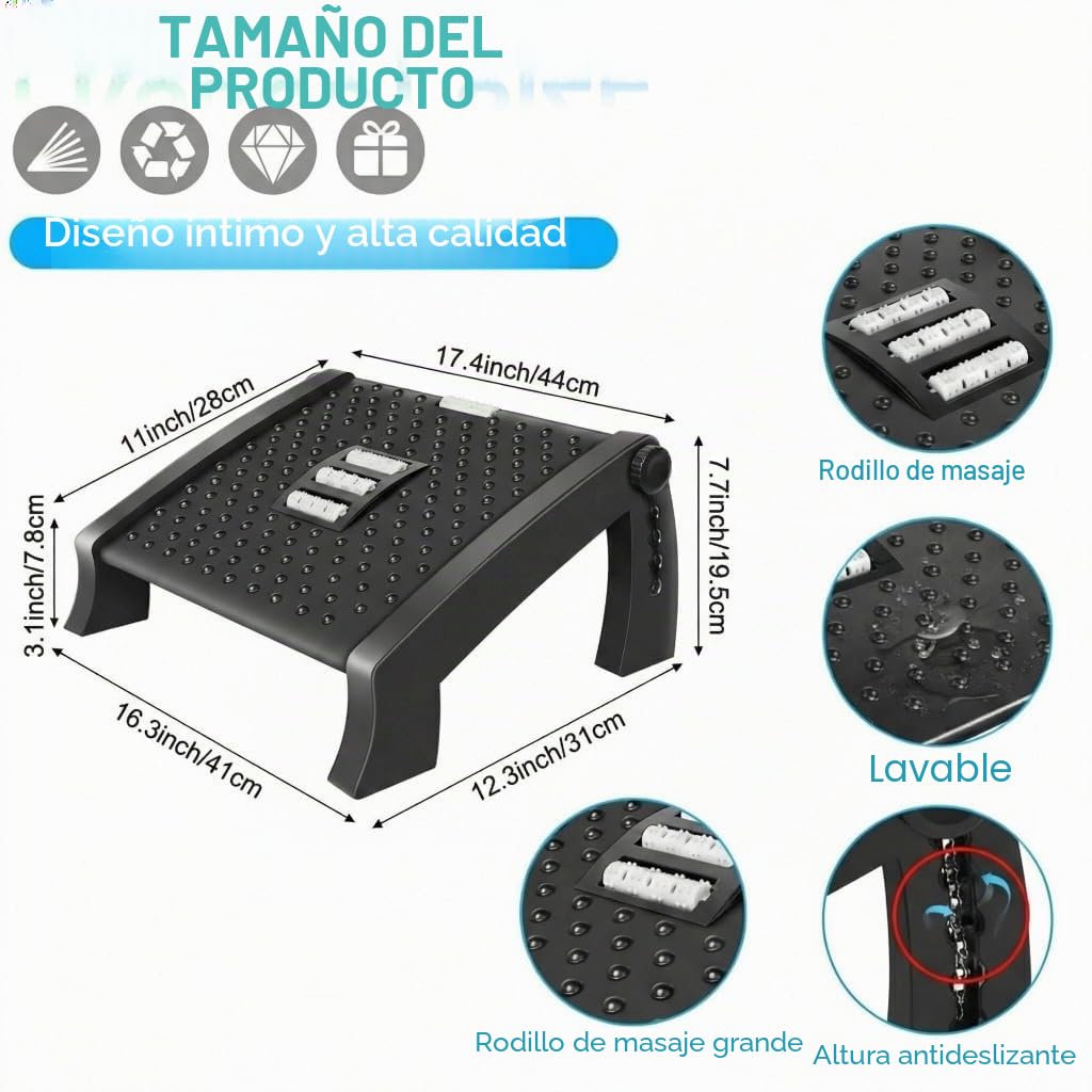 Reposapies de Oficina, Reposapiés Oficina Ergonómico, Soporte Ajustable para Pies Bajo Escritorio, Reposa Pies con Función de Masaje, Mejora la Postura y la Circulación, Ideal para Trabajo y Casa