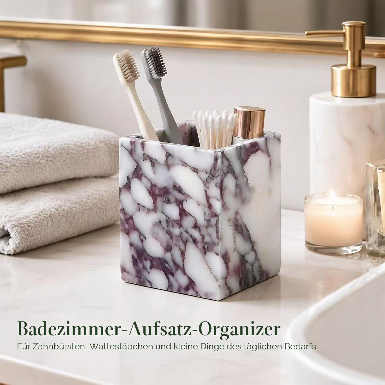 Stiftebecher aus Naturmarmor, quadratisch, 8,1 cm | Stiftebecher aus Naturmarmor für Stifte, Schminkpinsel, Zahnbürsten und kleine Accessoires auf Schreibtisch oder Waschtisch.
