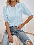 Oyamiki Femmes Puff Sweater manches courtes Tops Soft Lightweight Knit Blouse Crew Pullover Col Chemises