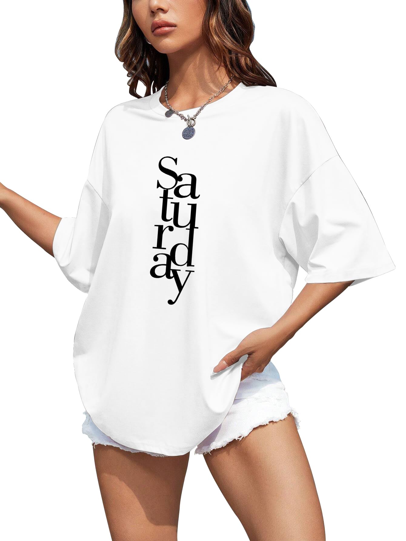 supa dupa Women's Oversized Cotton T-Shirt | Drop Shoulder Loose Fit Round Neck Graphic Printed Casual Streetwear Tee (Art. Saturday)-picture-32