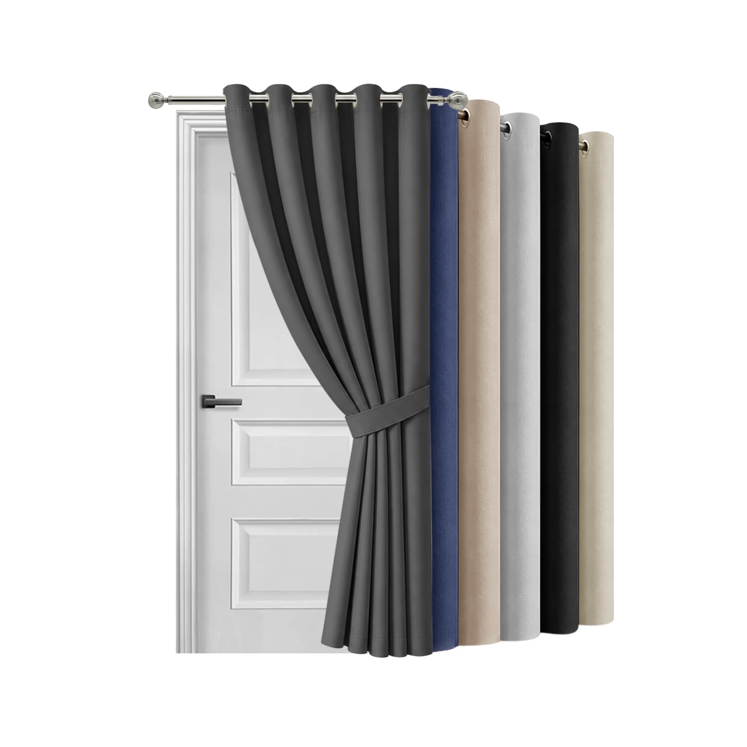 Hafaa Blackout Eyelet Curtains for Bedroom 66 X 84 Inch Thermal Insulated Door Curtain for Living Room Noise Reducing Black out Grey Curtains & Drapes 1 Panel with Tieback