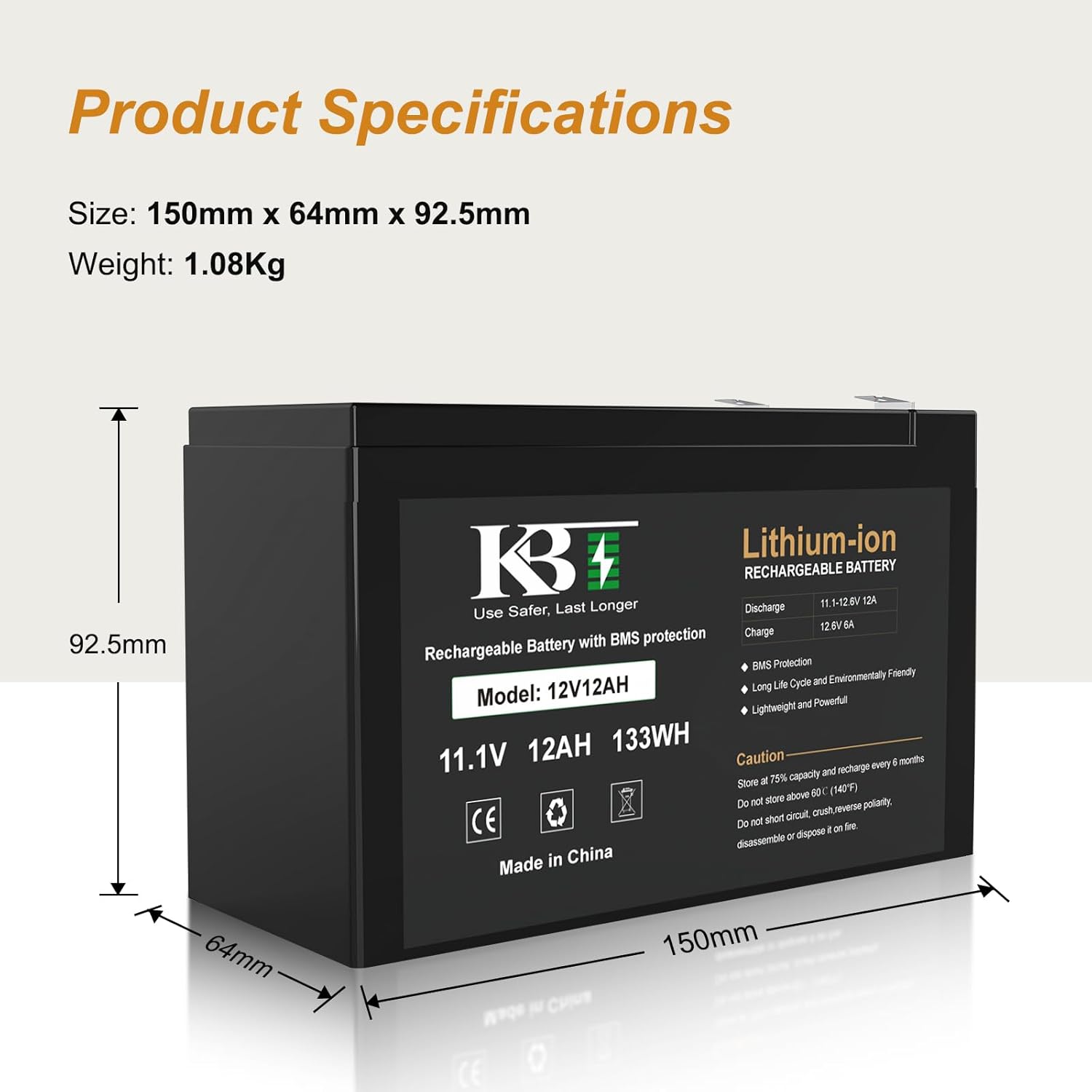 KBT 12V 12Ah Rechargeable Lithium-ion Replacement Battery with 12V Charger, Charging Cable, for Small UPS, LED Light Strip, Power Wheels, Ride On Car, Fish Finder, CCTV Camera, Built-in 10A BMS