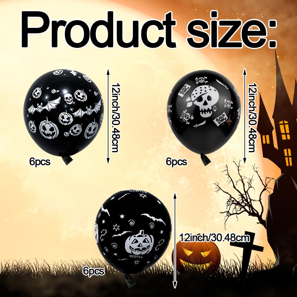 Halloween Party Balloons, 30 PCS Black Latex Balloons with 4 Different Pattern, Pumpkin, Bat, Skull - Image 2