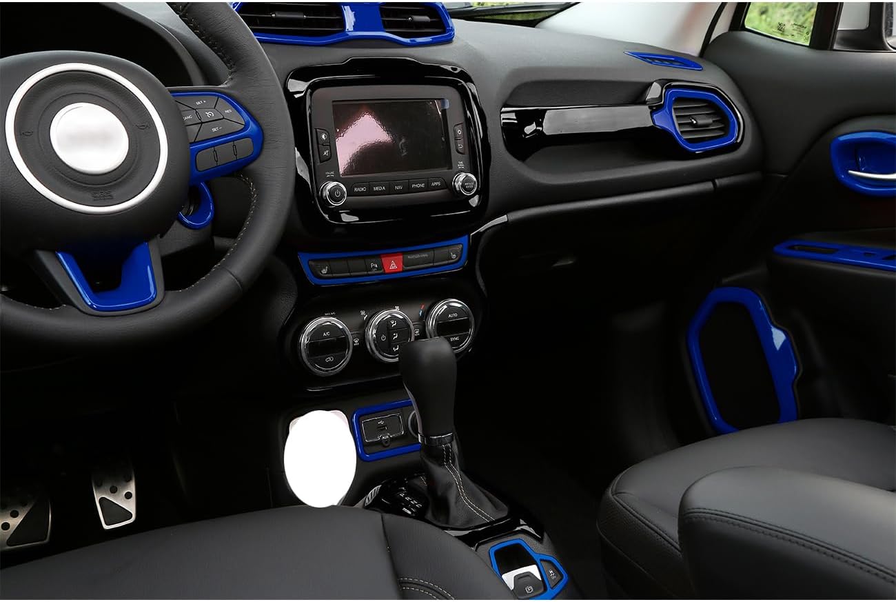 31pcs/Set ABS Full Interior Center Console Dashboard Cover Decoration Kit Trim Sticker Compatible with Jeep Renegade 2015-2020 (Blue)