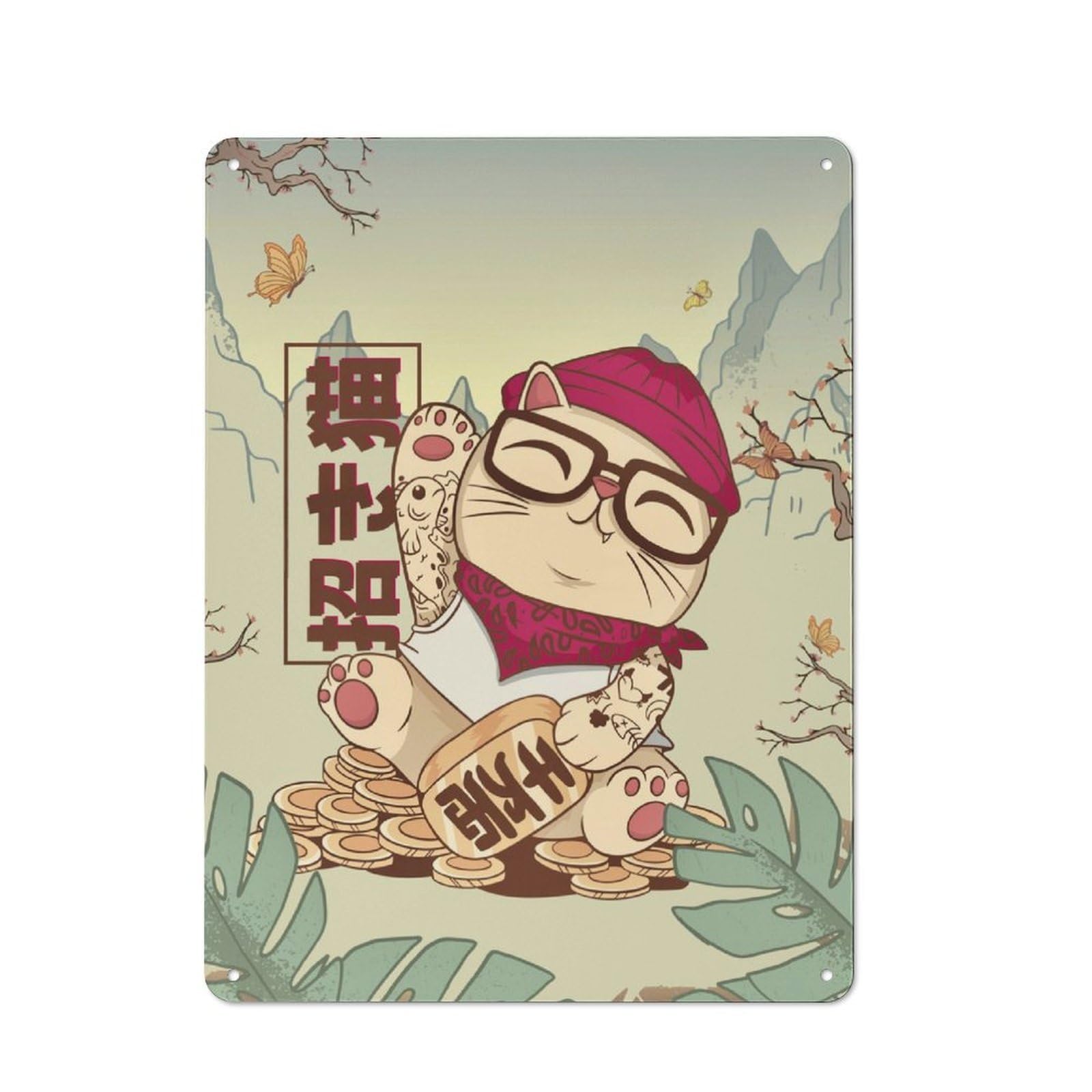 Junmoney Cool Maneki Neko Metal Wall Sign 40X30cm Featuring For Home Bar Wall, Housewarming Present For People Styling Home Bar