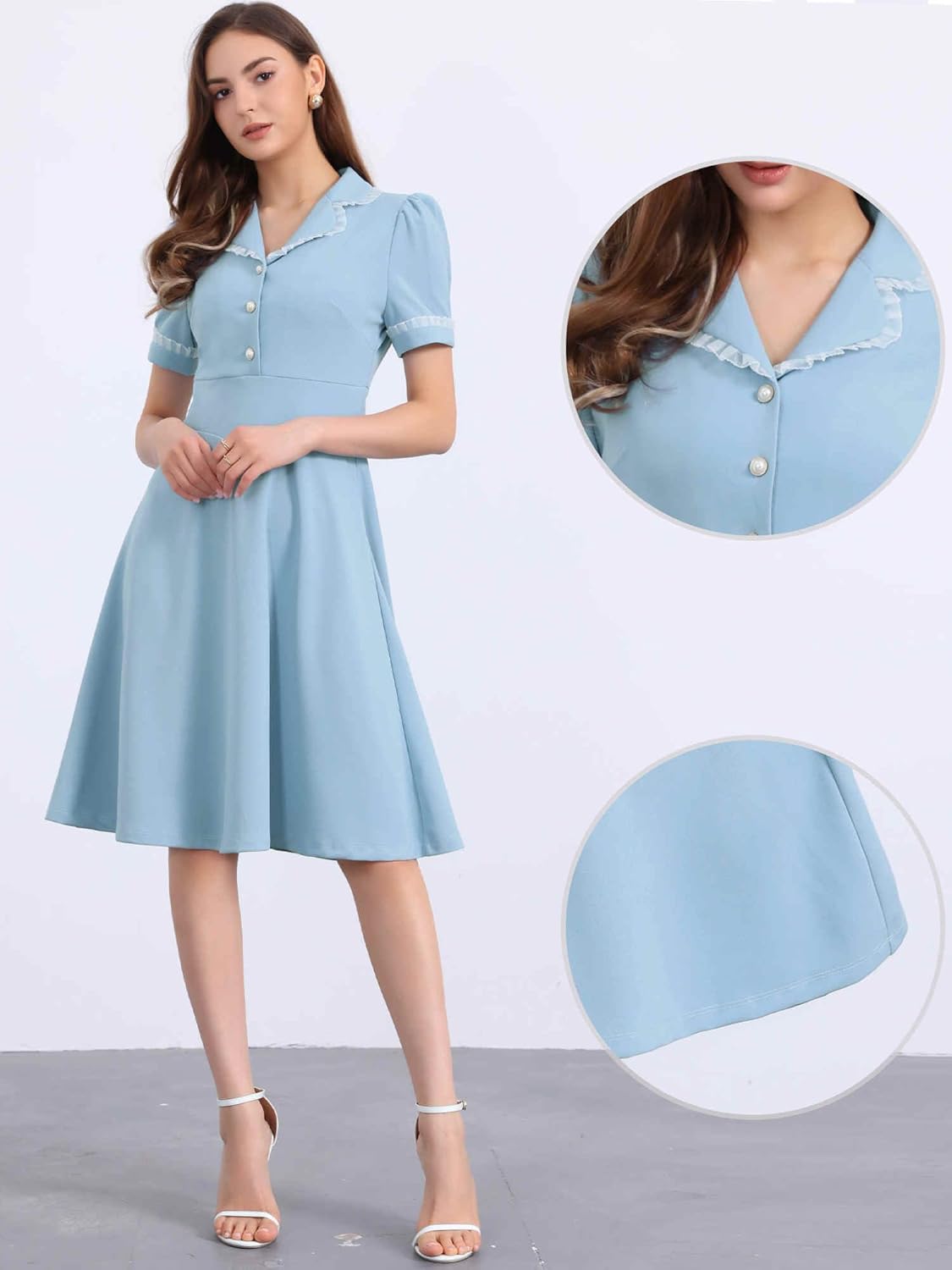 Allegra K Peter Pan Collar Dress for Women's Work Puff Sleeve Vintage Dresses