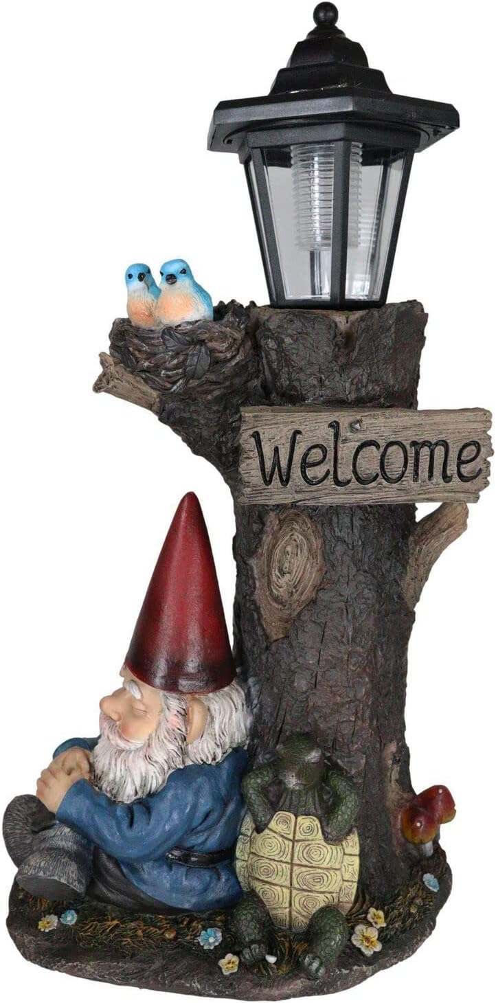 Ebros Gift Whimsical Summer Dream Garden Gnome with Buddy Turtle Taking a Short Nap Under Tree Outpost Crossroad Station Solar Path LED Courtesy Light Garden Statue Home Decorative Patio Figurine