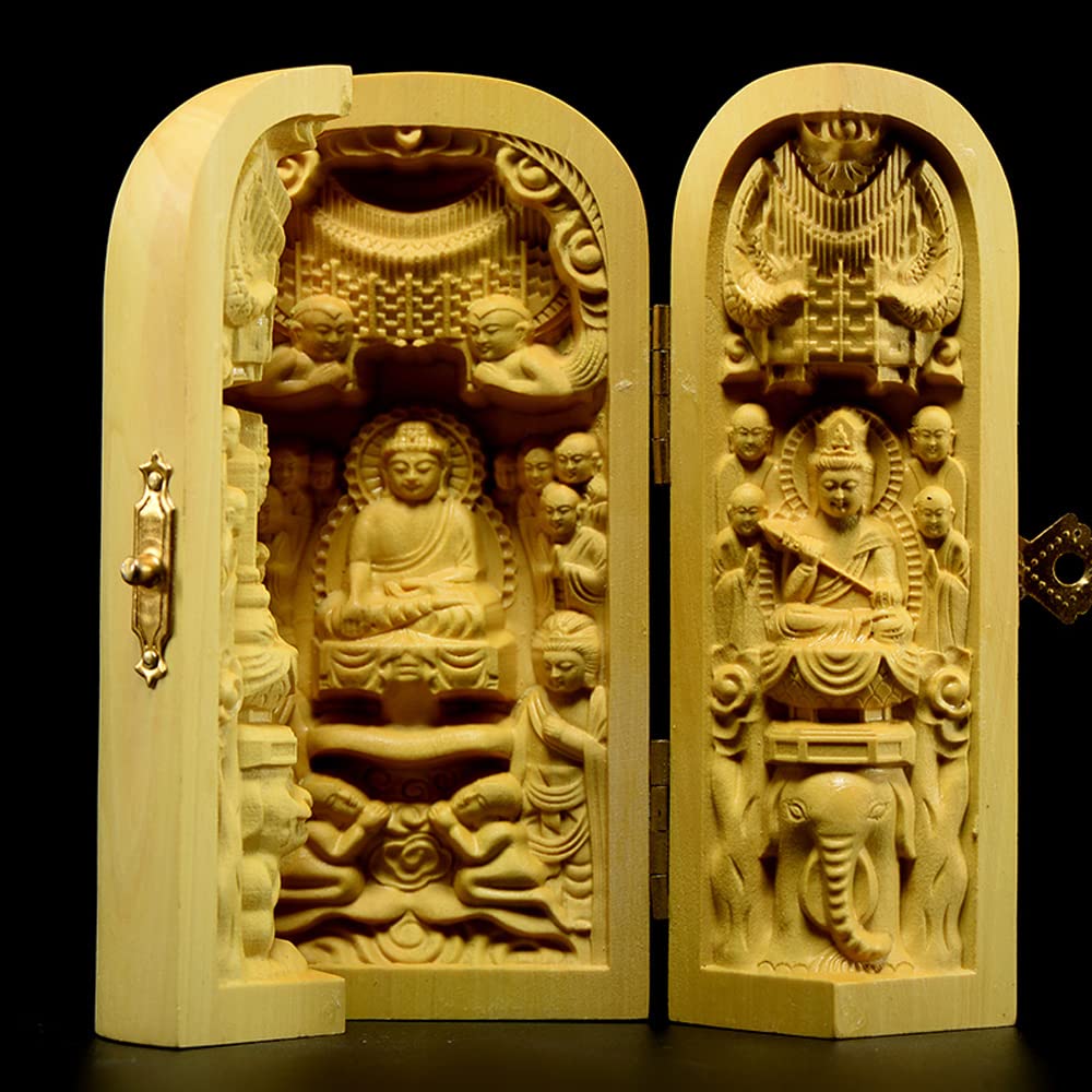 Amazon｜仏像 木彫り 置物 厄除け三開仏 釈迦三尊 座像 【 文殊菩薩  