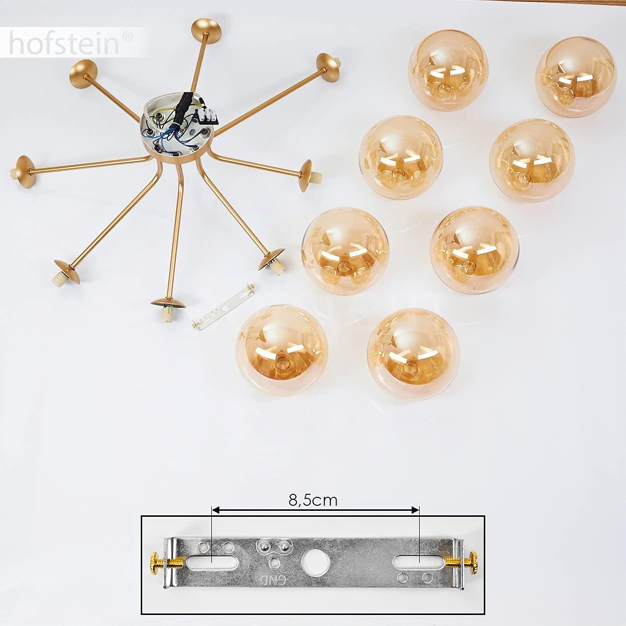 Lampada da soffitto Alden, lampada da soffitto a 8 luci in metallo/vetro in ottone/champagne, lampada moderna con paralumi in vetro (Ø 15 cm) dal design vintage, 8 x G9, senza lampadina/e