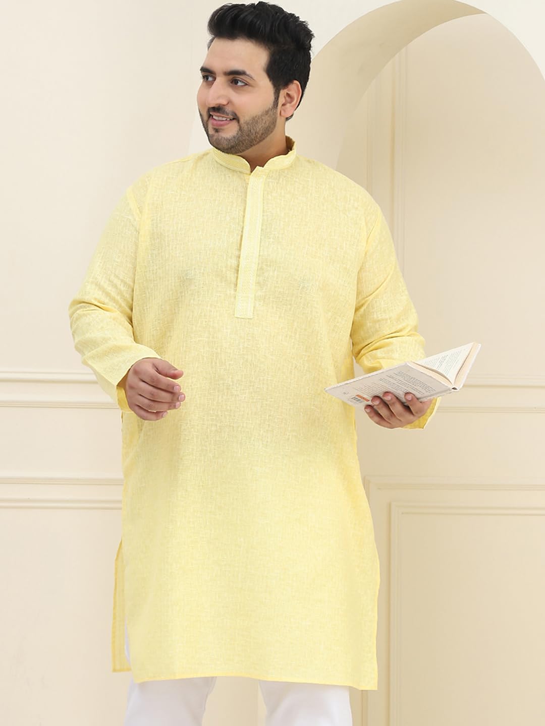 Sojanya Plus(Since 1958) Men's Cotton Yellow Checked Kurta