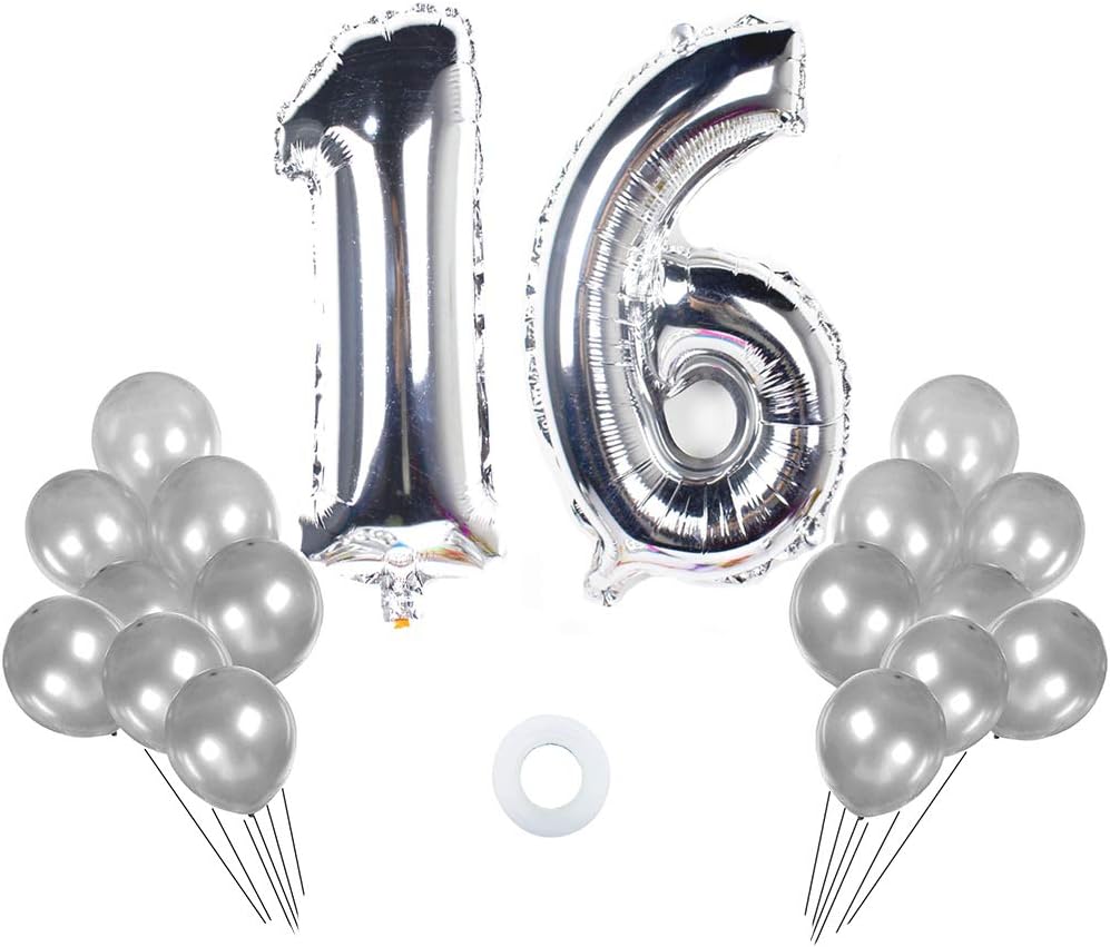 40 Inch Number 16 Balloons Silver with 12 Pcs Latex Balloons for Sweet 16 Birthday Party Decorations