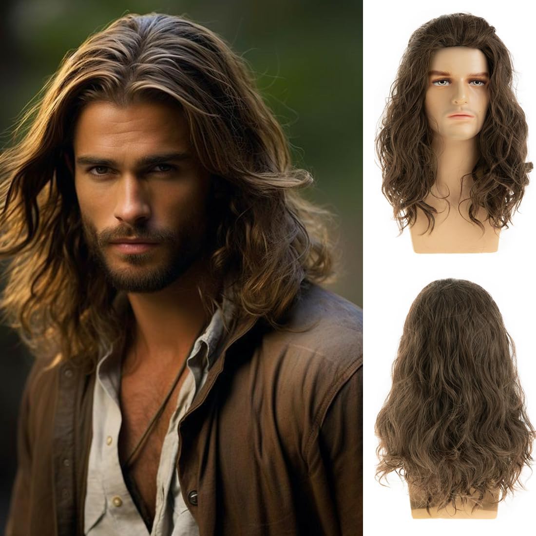 Mens Brown Wavy Wig Medium Length Synthetic Cosplay Party Replacement Hair Wig