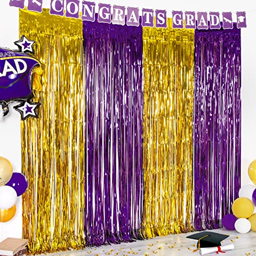 Image of LOLStar Graduation Party Decoration, 2 Pack Purple Gold Foil Fringe Curtain | 3.3 x 6.6 ft Tinsel Streamers Backdrop, Graduation Photo Booth Backdrop for Class of 2026, Prom and Grad Party Decorations