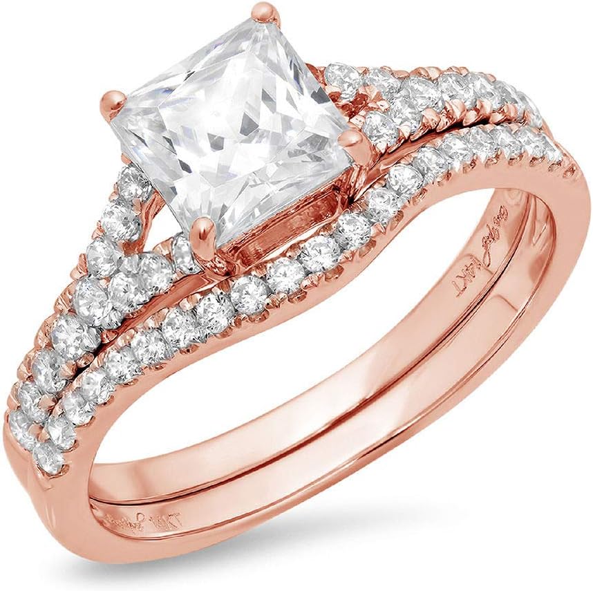 2.01ct Princess Cut Pave Solitaire with Accent Genuine Moissanite & Simulated Diamond Engagement Promise Statement Anniversary Bridal Wedding Ring Band set Curved Solid 14k Rose Gold