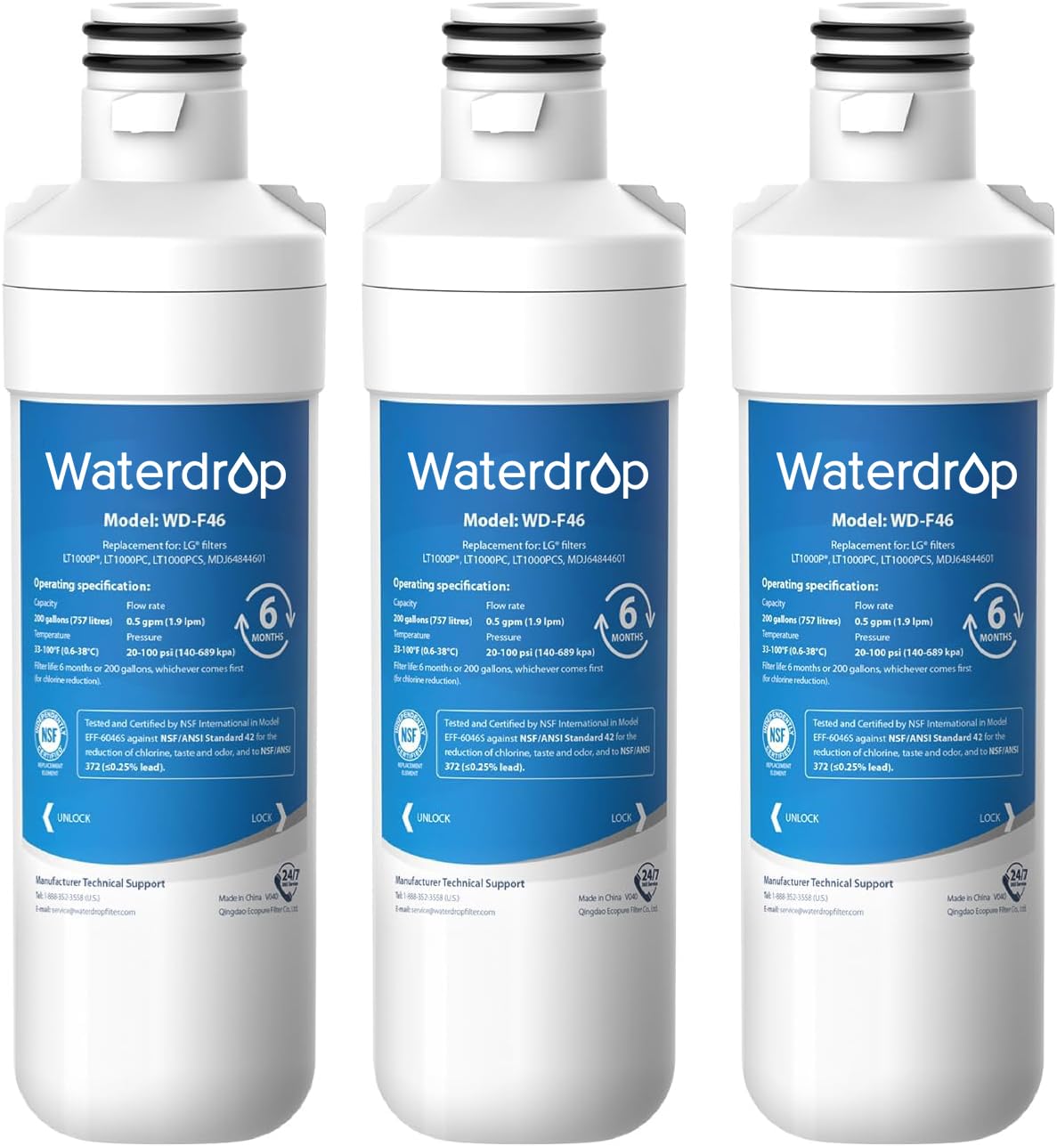 Waterdrop LT1000PC ADQ747935 MDJ64844601 Refrigerator Water Filter Reduce chlorine bad taste and odor Replacement for LG LT1000P ADQ74793501