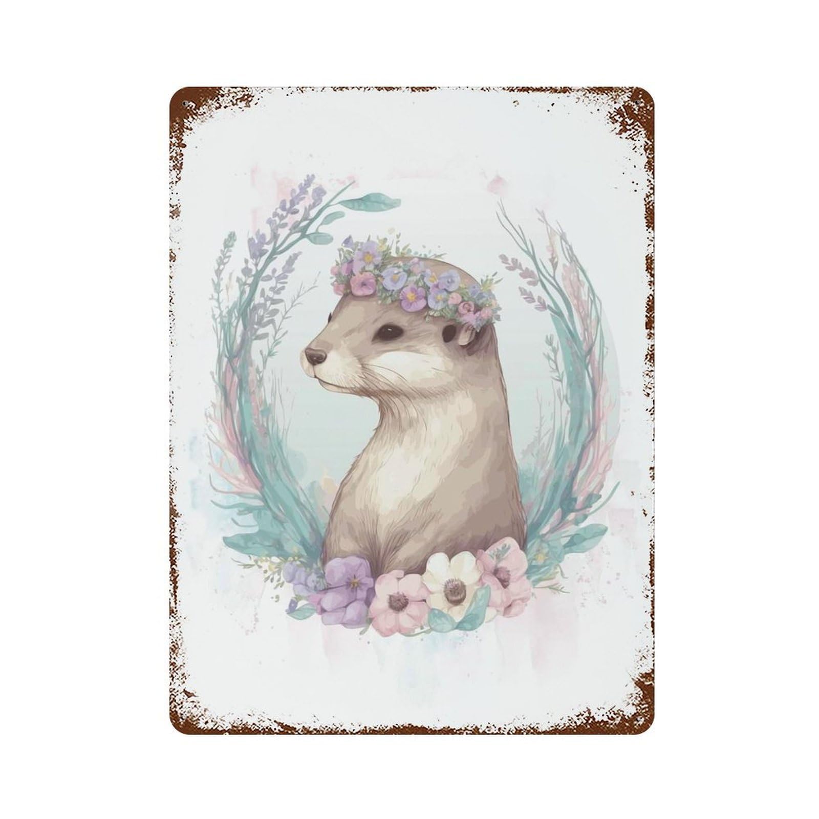 Floral Watercolor Otter 15.7"x11.8" Vintage Rust Metal Sign, Shabby Chic Decor for Garage, Bar And Workshop Decor