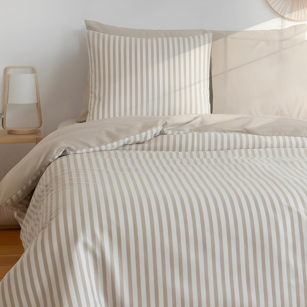 Housse de couette 220x240cm adulte rayures crème blanc pour une chambre moderne et lumineuse