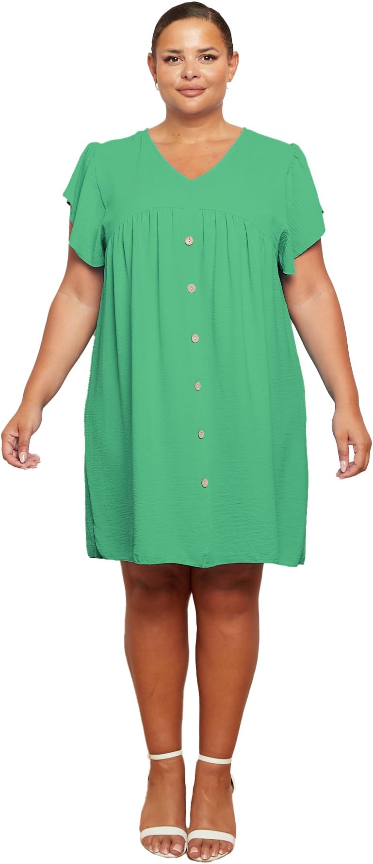 Womens Italian Solid Front Button V-Neck Smock Dress, Ladies Summer Short Frill Sleeves Casual Loose Fit Fancy Dress Top Plus Size S-XXL