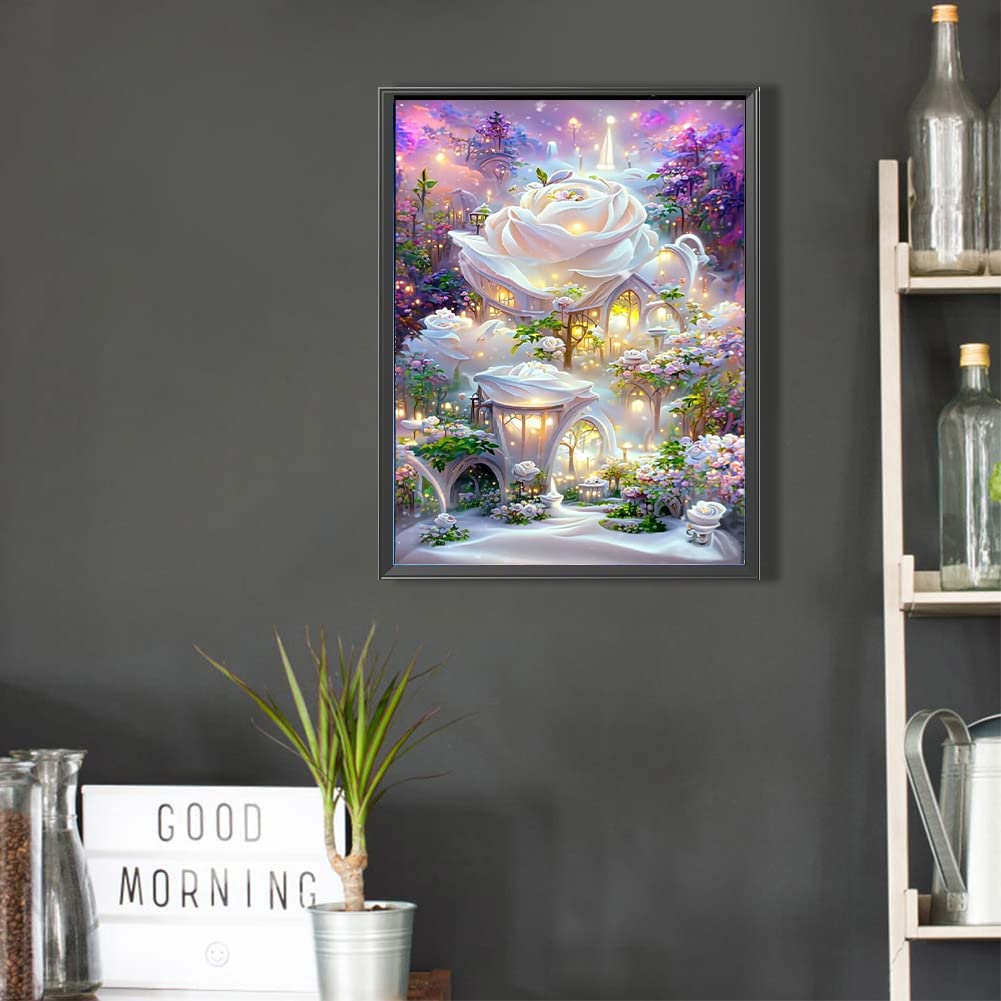 cdsnxore Kit fai da te per pittura con diamanti, per adulti, ricami di fiori, artigianato artistico per principianti, decorazione da parete, 30 x 40 cm, colore: bianco