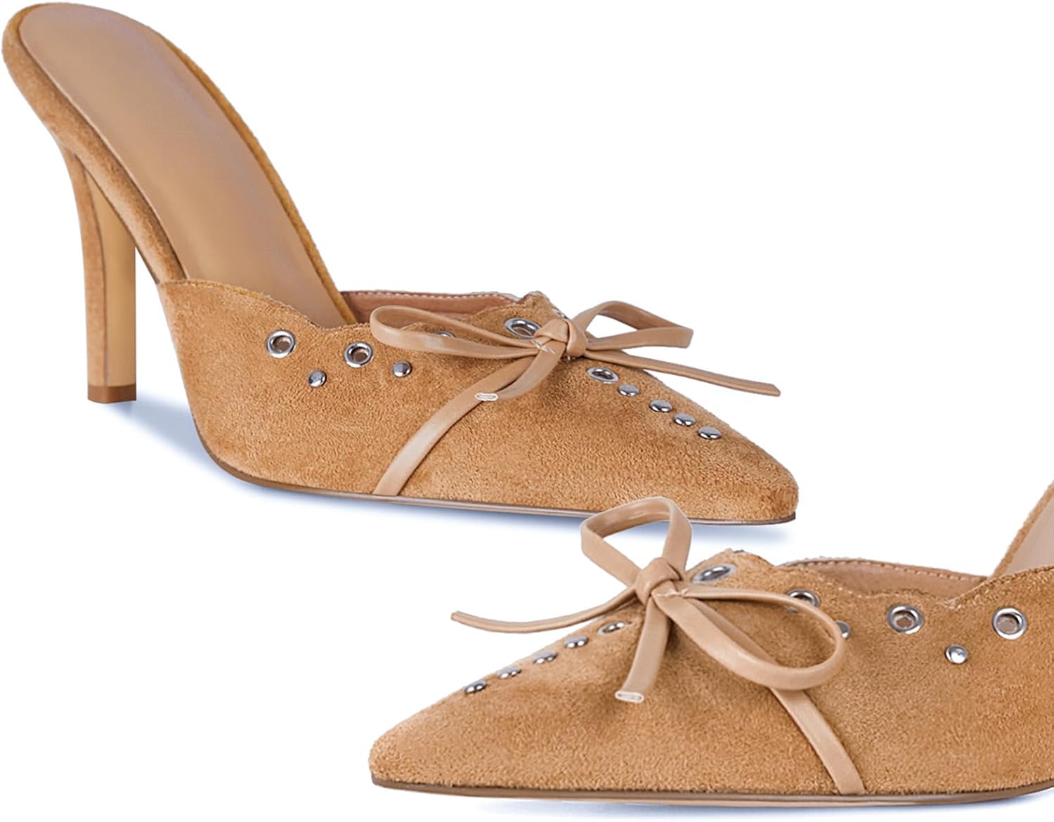 DOEYG Women Pointed Toe Bow Heels Mules Slip on Stiletto Heels Sandals Dress Party Wedding Studded Heels Pumps - Image 6